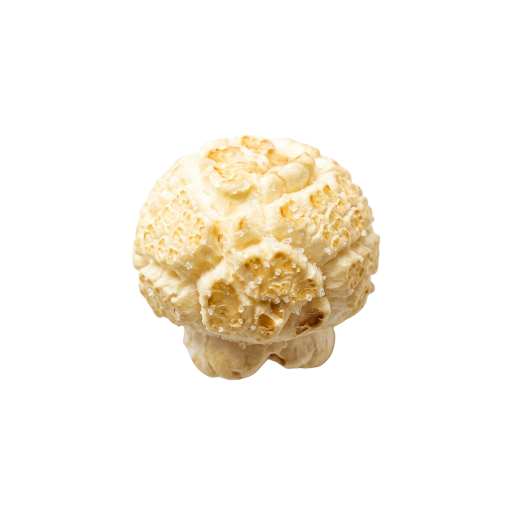 A single piece of freshly popped popcorn